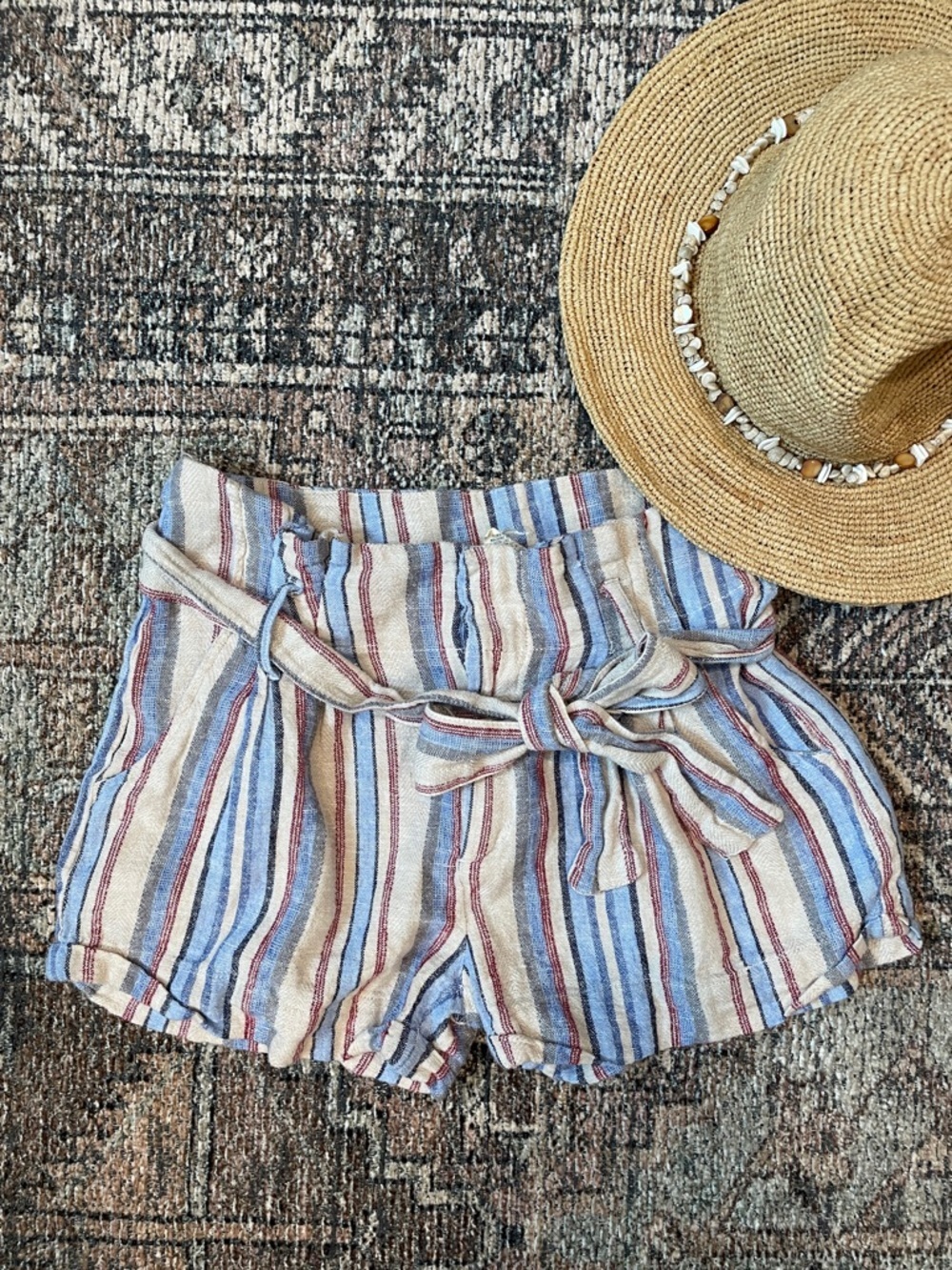 Sky & Sparrow Linen Blend Paperbag Waist Striped Shorts XS